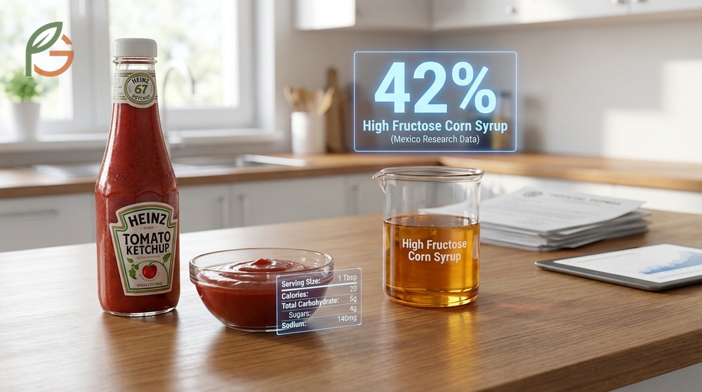 Heinz tomato ketchup nutrition facts show one tablespoon has 20 calories and 140mg sodium with 42 percent high fructose corn syrup content.
