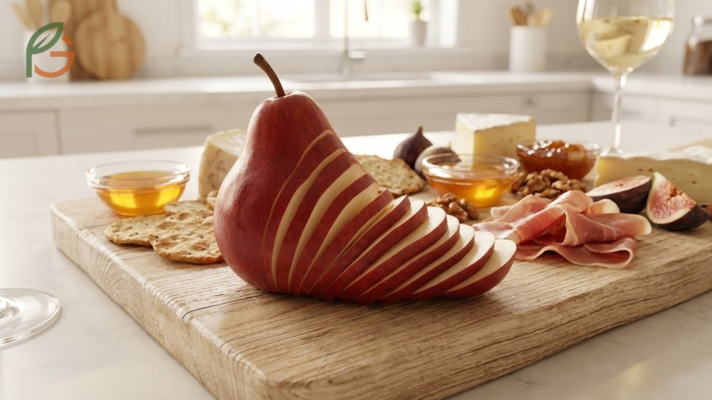 How to cut a pear fancy using dovetail fans and flower patterns for elegant presentation.