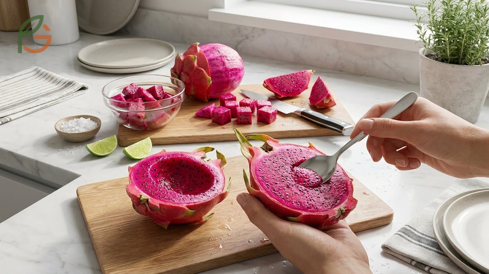 Instructions on how to eat red dragon fruit include fresh slicing tips and a nutritious smoothie bowl recipe.