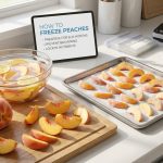 How to freeze peaches guide showing methods to preserve fruit for 8 to 12 months while locking in 90 percent of nutrients.