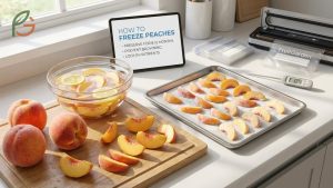 How to freeze peaches guide showing methods to preserve fruit for 8 to 12 months while locking in 90 percent of nutrients.
