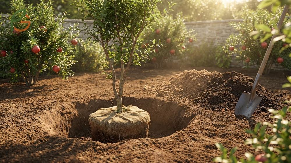 How to plant a pomegranate tree in a hole 2-3 times wider than the root ball promotes healthy lateral roots.