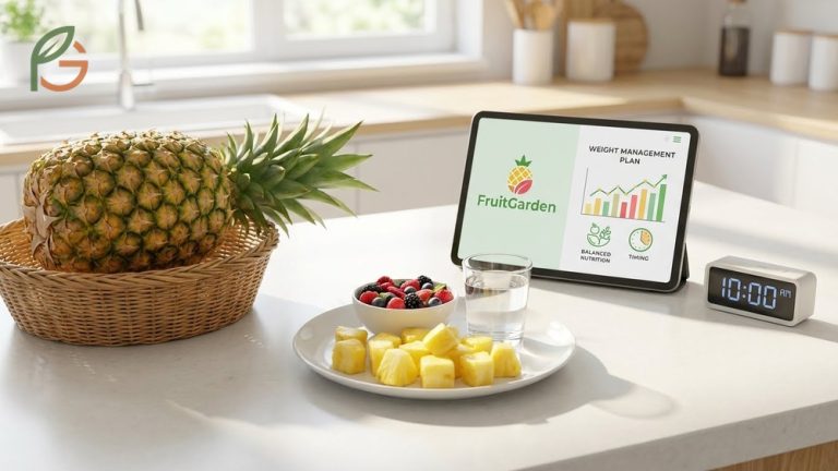 Whole fresh pineapple and measuring tape symbolizing the low calorie and high water content benefits for weight loss.