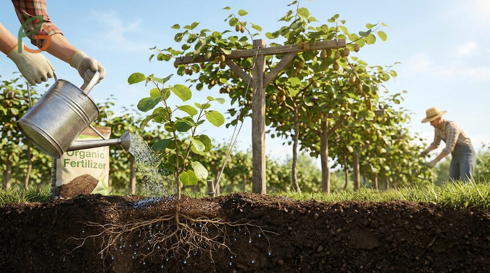 Kiwi plant fertilizer schedule involves applying nitrogen in March and June to support vines needing 4-6 ounces annually.