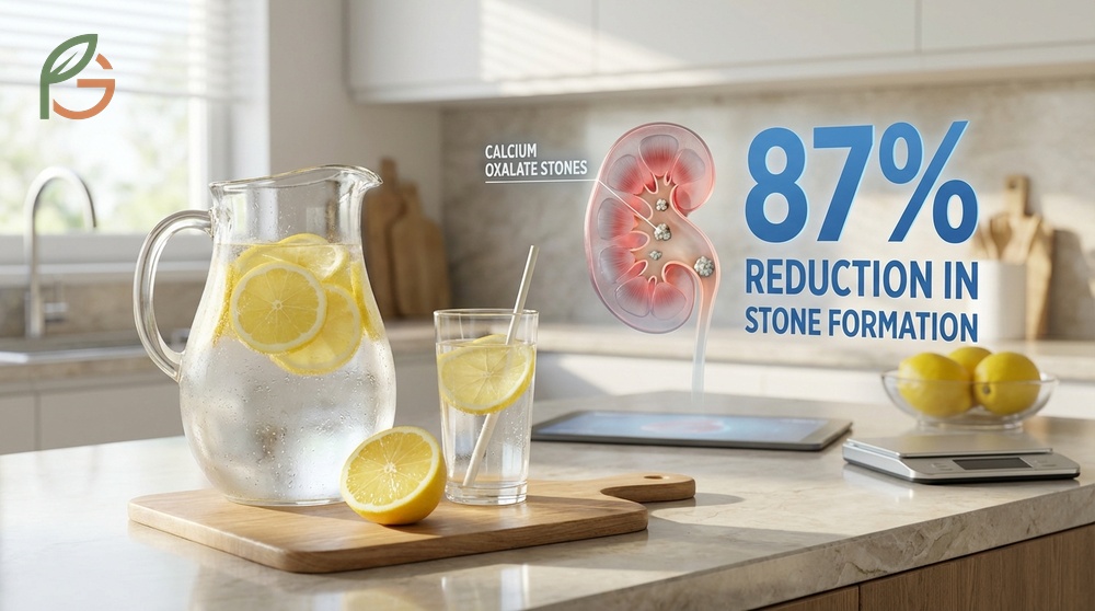 Lemon water for kidney stones prevention showing an 87 percent reduction in stone recurrence rates in patients.