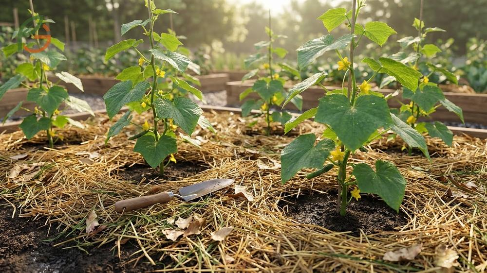 Mulching cucumber plants with straw or organic matter to conserve soil moisture and suppress weeds in the garden bed.