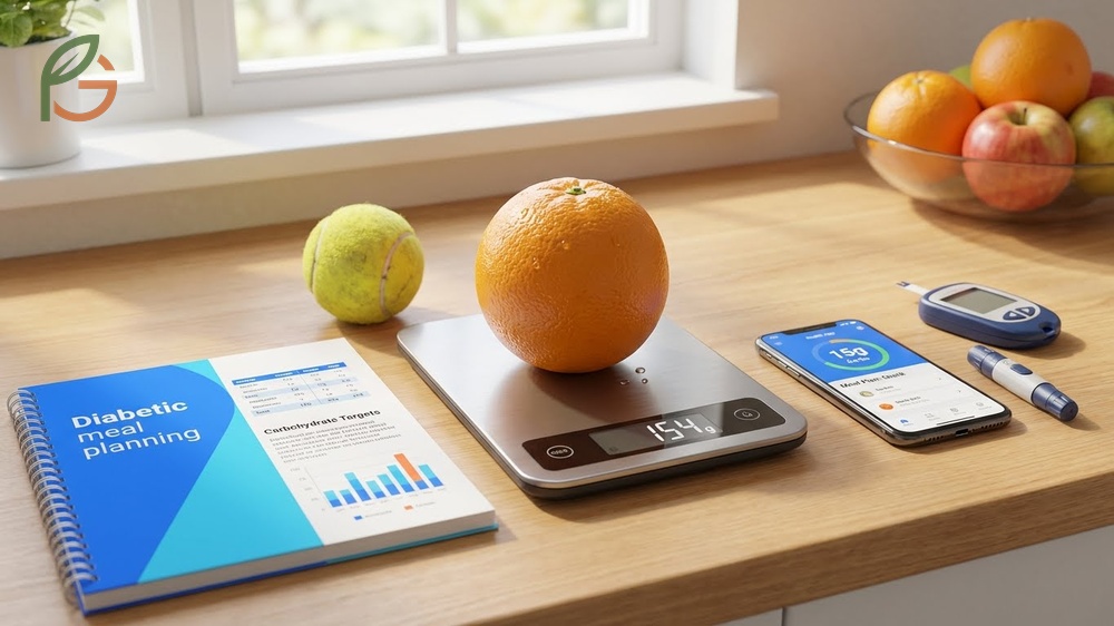 A medium orange contains 15 grams of carbohydrates which fits well into standard diabetic meal planning portions.