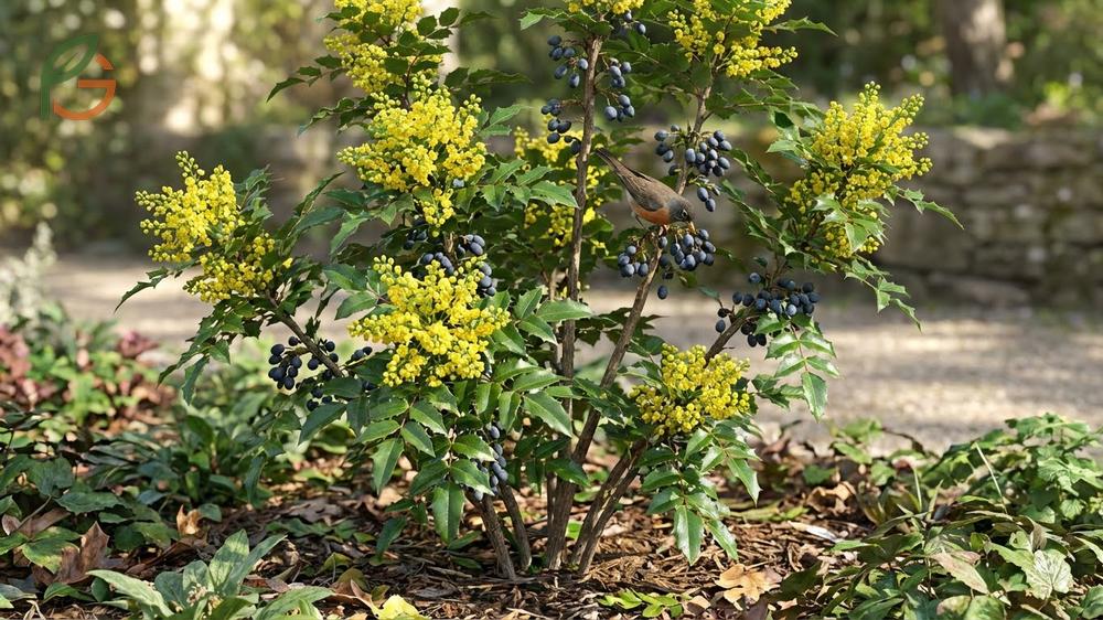Oregon grape holly plant features spiny evergreen leaves and yellow flowers reaching 6 feet tall.