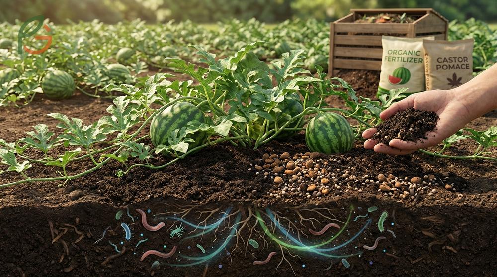 Organic watermelon fertilizer like composted manure provides slow release nutrients for steady growth.