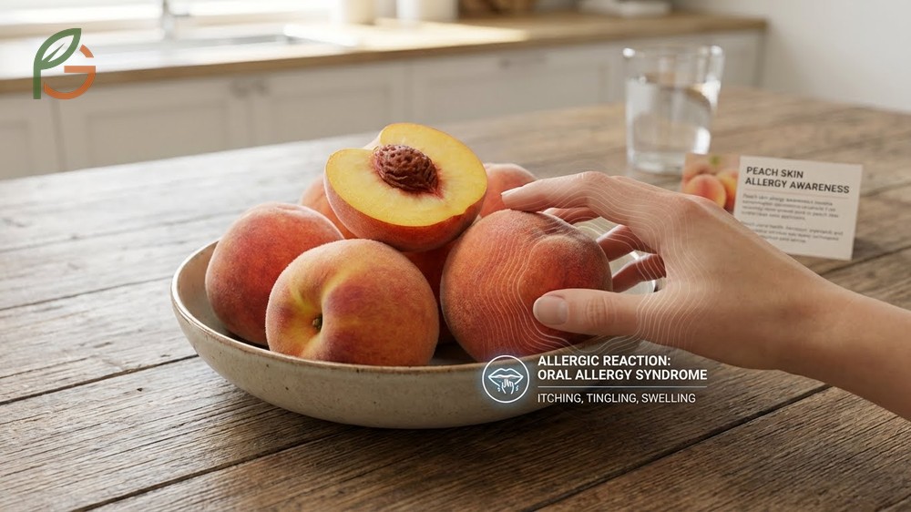Allergic reaction to peach skin causing oral allergy syndrome symptoms like mouth itching and swelling.
