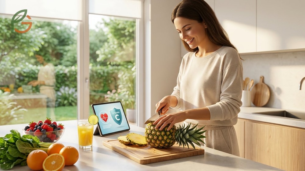 Pineapple served with healthy foods to demonstrate enhanced iron absorption and heart health benefits.