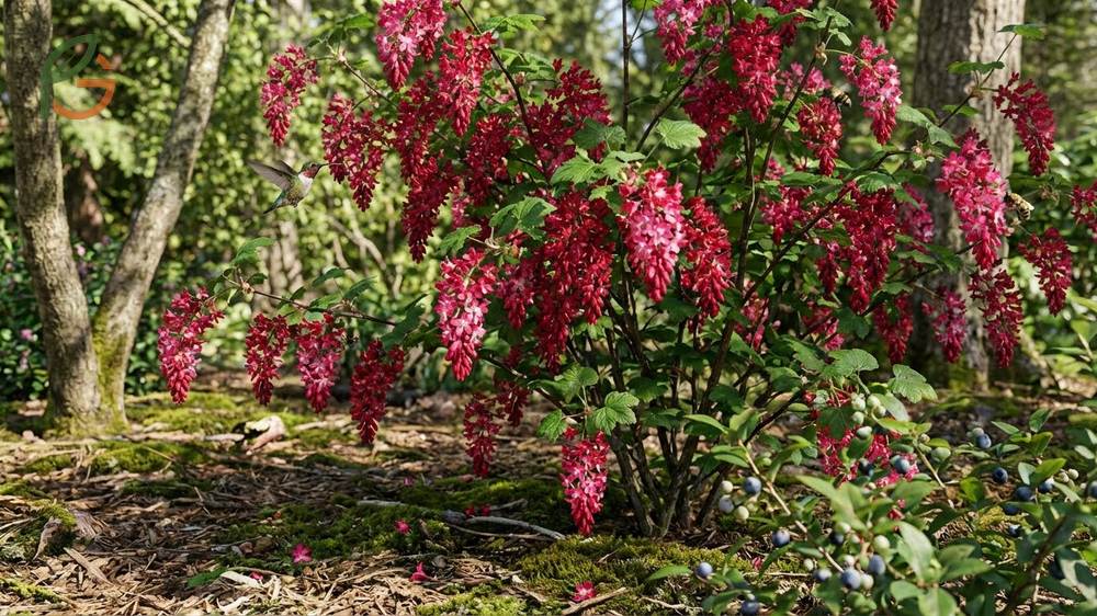 Ribes sanguineum red flowering currant displaying cascading clusters of pink to deep red blooms that attract hummingbirds.