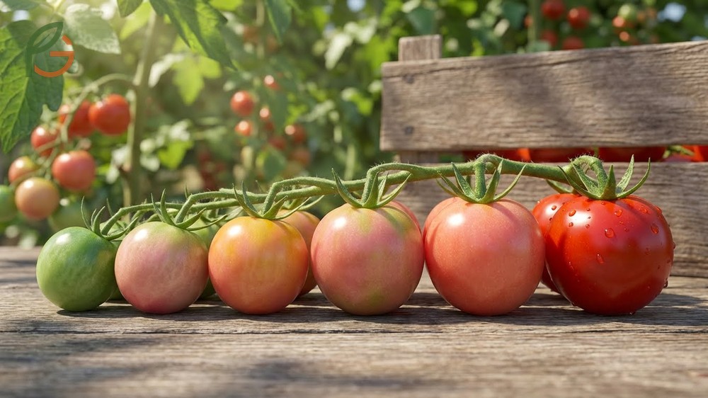 Ripeness color indicators showing cherry tomatoes need 90 to 100% color development before harvest for optimal sweetness.