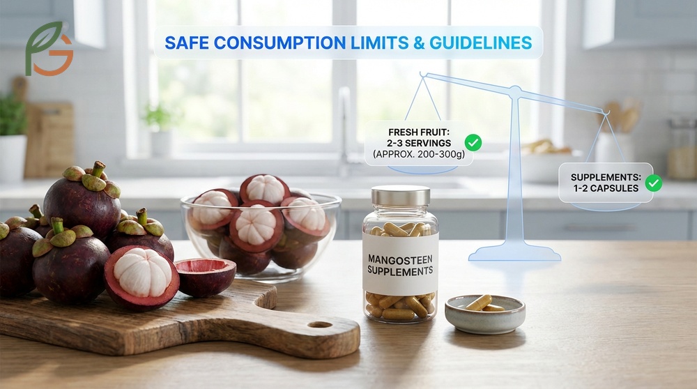 Safe consumption limits suggest eating 2 to 3 fresh mangosteen fruits daily to avoid potential side effects.