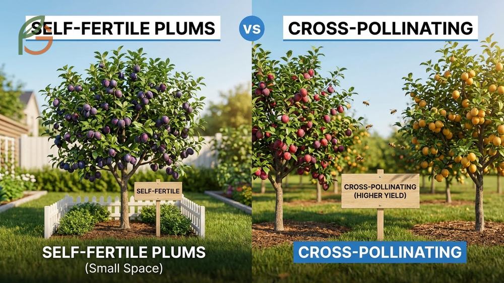 Self-fertile plums vs cross-pollinating trees comparison highlights that single trees are ideal for small yards.