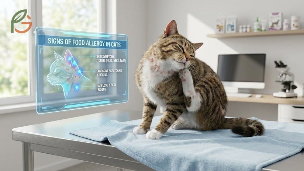 Signs of food allergy in cats such as itching and skin lesions after consuming new foods.