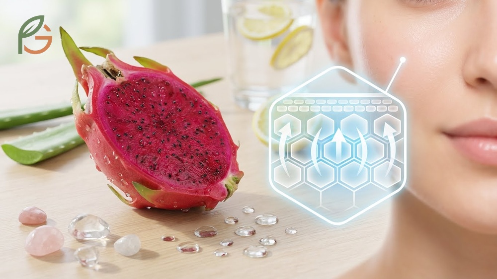 Skin health benefits of dragon fruit providing 90 percent water content and minerals to improve barrier function and hydration.