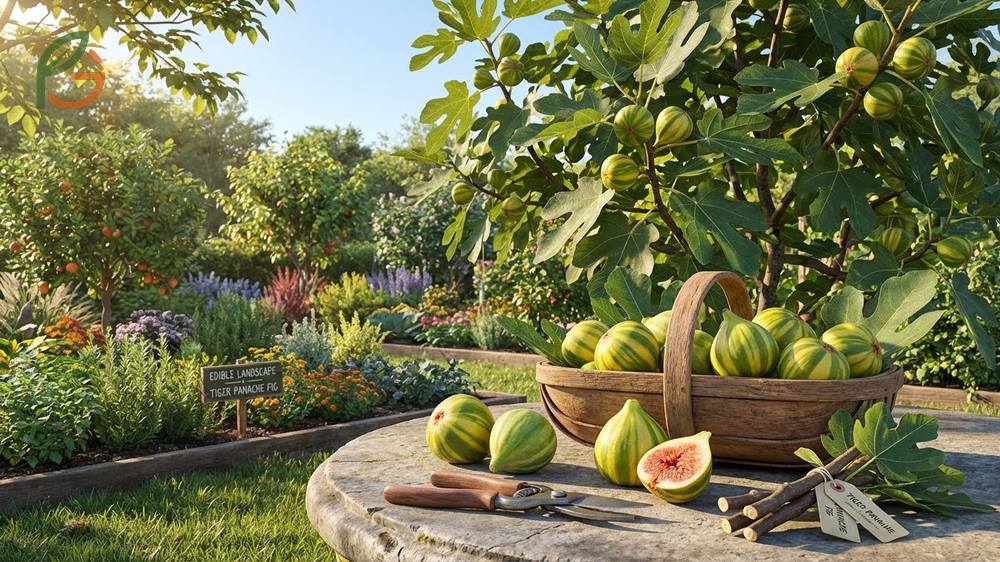 Unique fig cultivar Tiger Panache growing in a home garden setting with ornamental striped fruit.