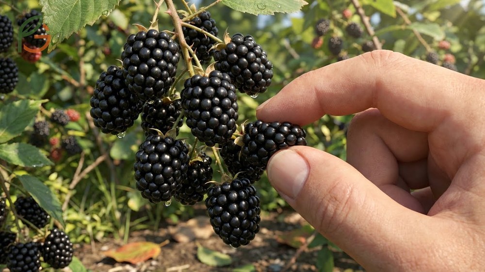 Close-up of a fully ripe deep black blackberry that is ready to detach easily from the cane with a gentle touch.