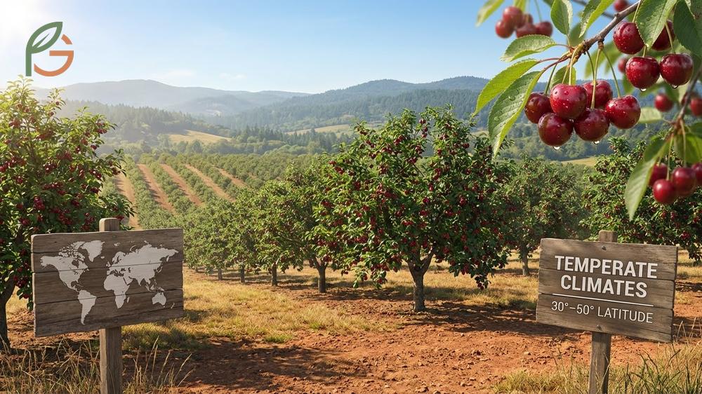 Where do cherries grow globally featuring top production regions like Turkey and the United States.