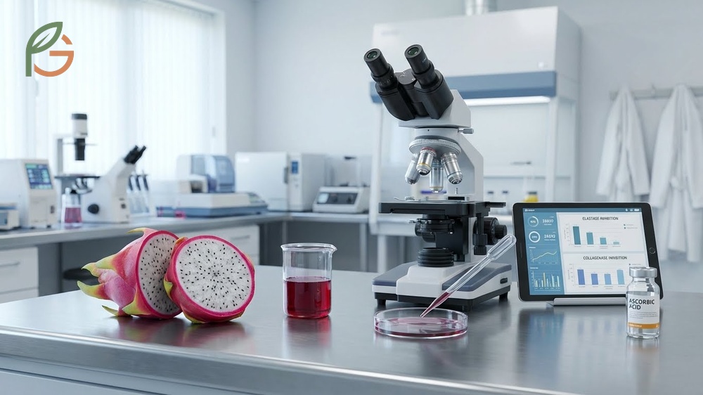 Anti aging benefits of dragon fruit peel extracts inhibiting elastase enzymes to reduce wrinkle depth and improve firmness.