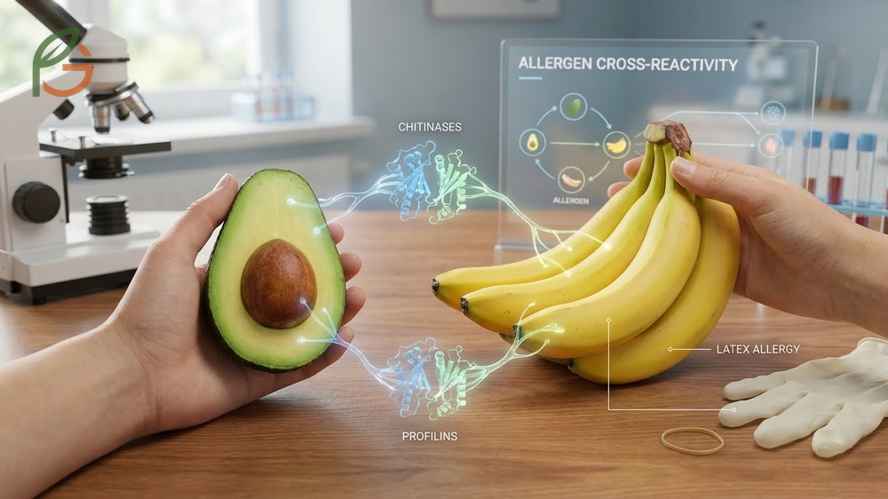 Banana and avocado allergy overlap affecting 47 percent of individuals with fruit sensitivities.