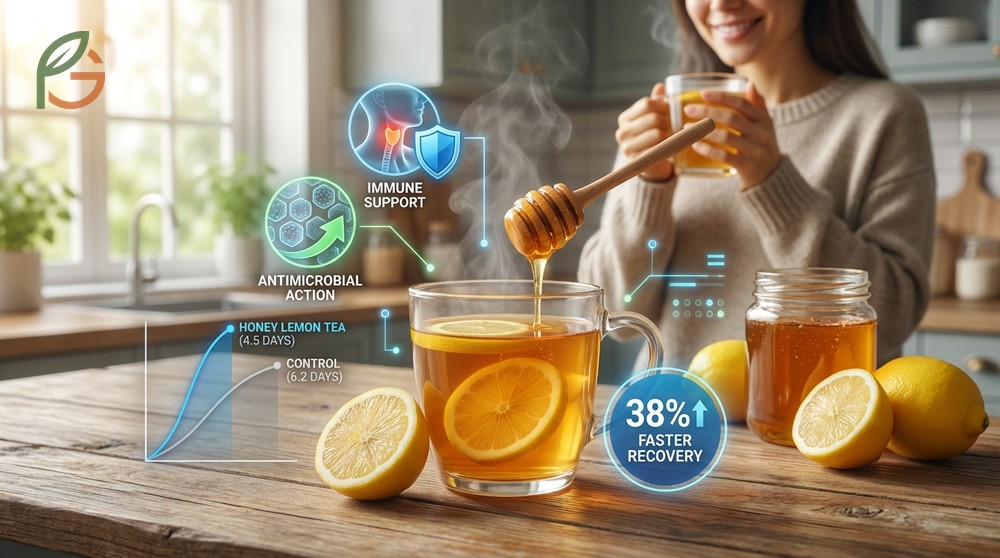 Benefits of honey lemon tea include speeding up respiratory infection recovery by an average of 4.5 days.