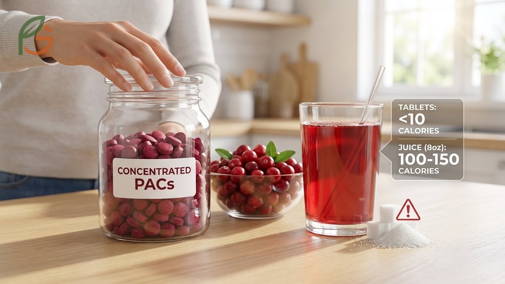 Benefits of taking cranberry tablets include concentrated proanthocyanidins without the high sugar of juice.
