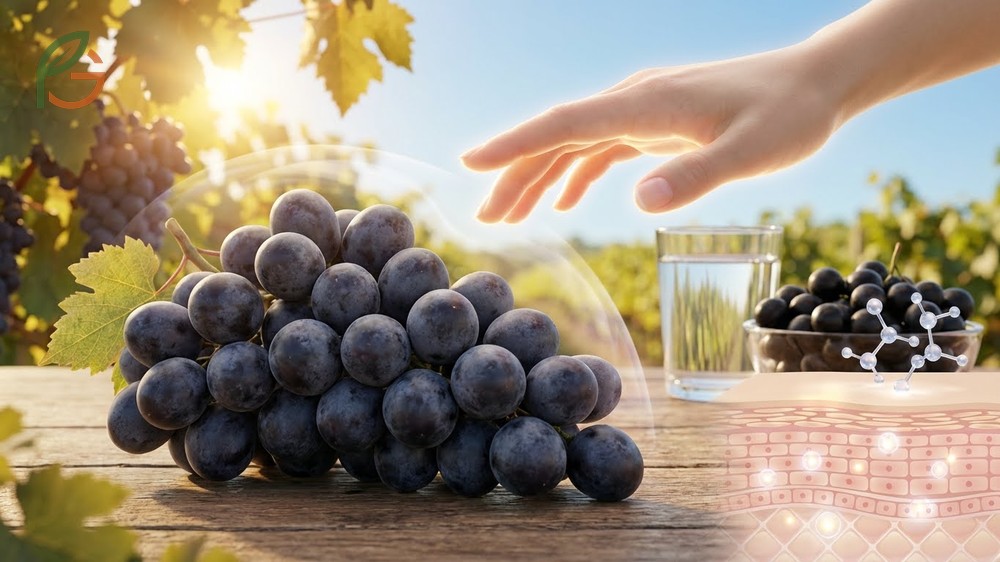Black grapes for skin glow effects through UV protection and collagen synthesis.
