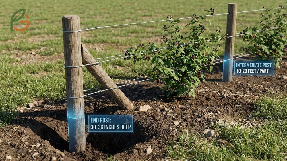 Blackberry trellis design requires specific post spacing and wire height placement to support heavy fruit loads.