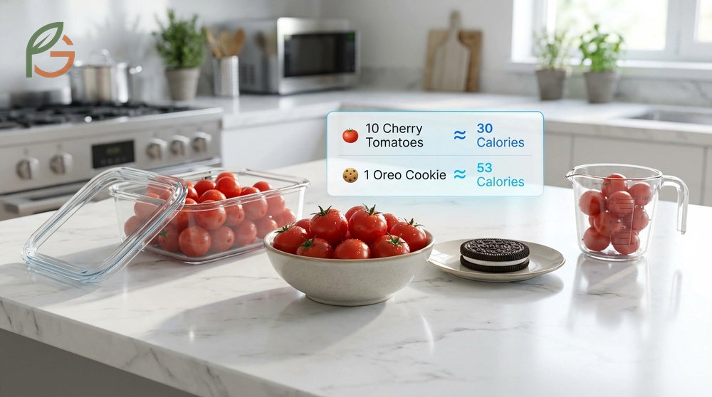 Calories in cherry tomatoes are low with just 3 calories per single fruit for snacking.