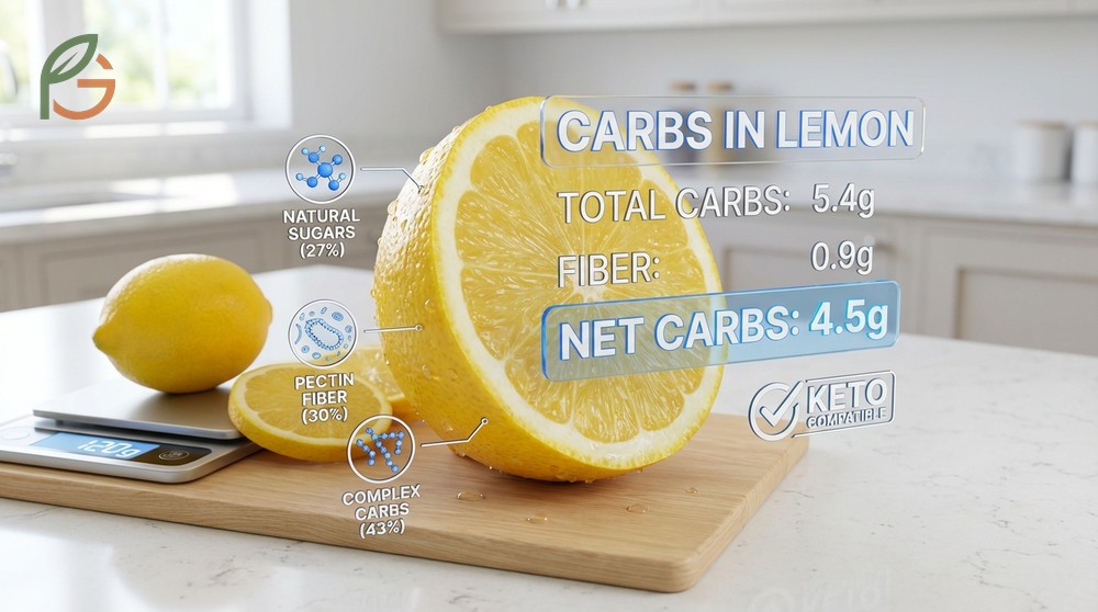 Carbs in lemon are minimal with 5.4g total carbohydrates and 4.5g net carbs per medium fruit for diets.
