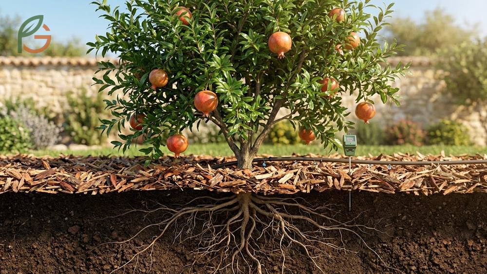 Caring for pomegranate plant requires deep weekly watering and applying balanced organic fertilizer in spring.