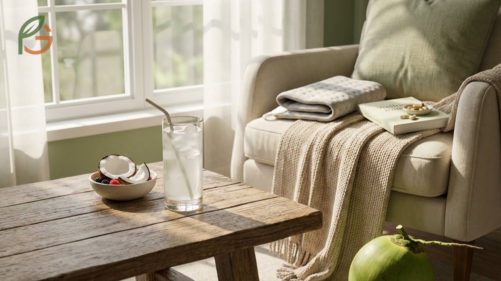 Coconut water for periods helping alleviate cramps and bloating through high magnesium and potassium content.