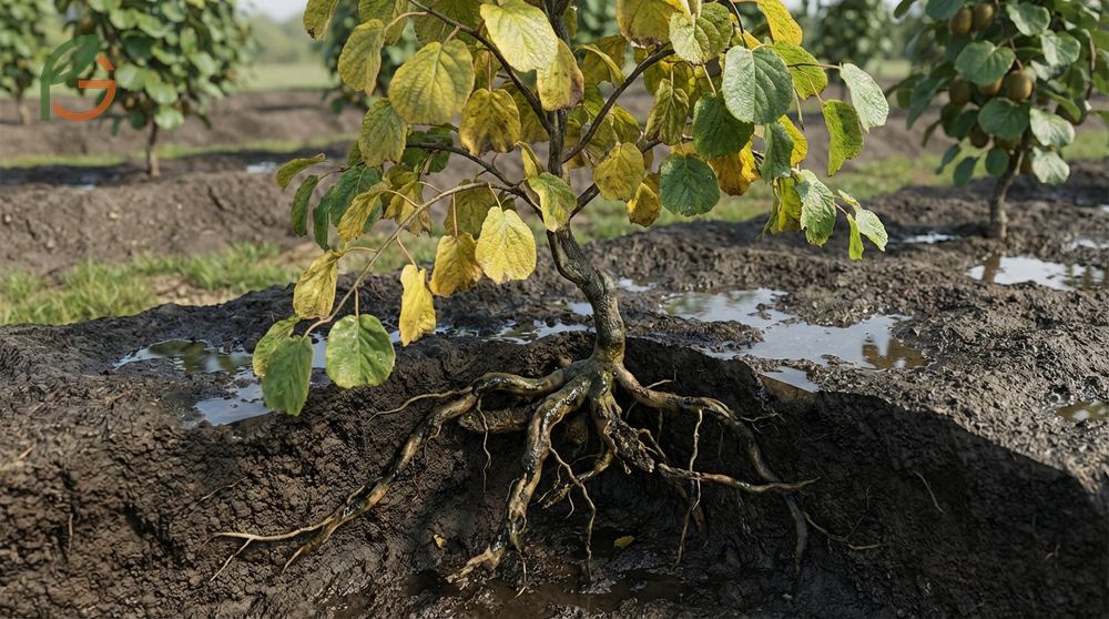 Common kiwi plant diseases like Phytophthora root rot occur in wet soil while Botrytis mold affects ripening fruit crops.