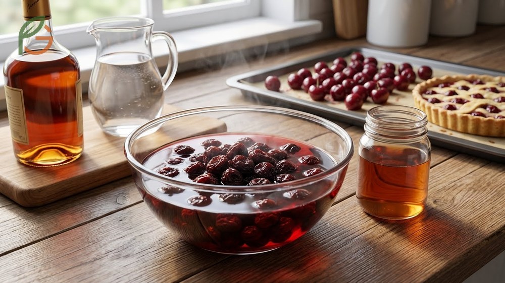 Cooking with dried cherries involves rehydrating them in warm liquid for 15 minutes before adding to savory sauces or baked goods.