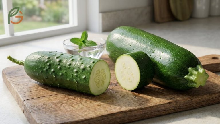 A side-by-side visual comparison of a fresh green cucumber and a dark green zucchini squash.