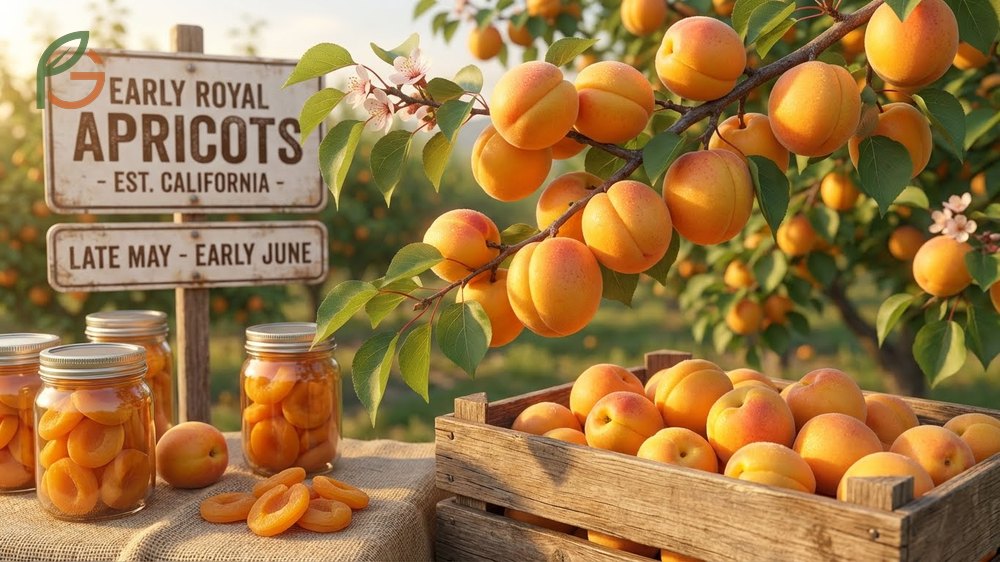 Early apricot varieties like Royal begin ripening in late May for the first harvest of the year in warmer climates.