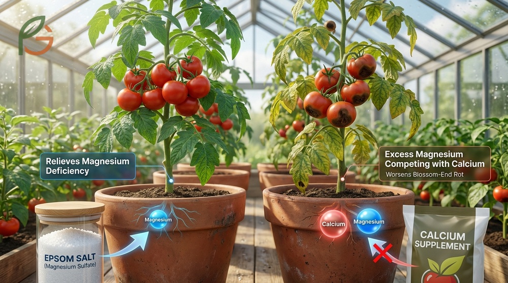 Foliar spray application of Epsom salt solution to correct magnesium deficiency symptoms in tomato leaves.