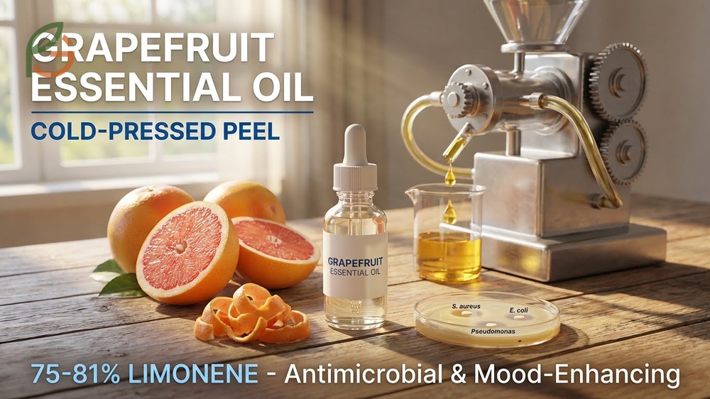 Essential oils from grapefruit peel contain high levels of limonene for antimicrobial and mood enhancing effects.