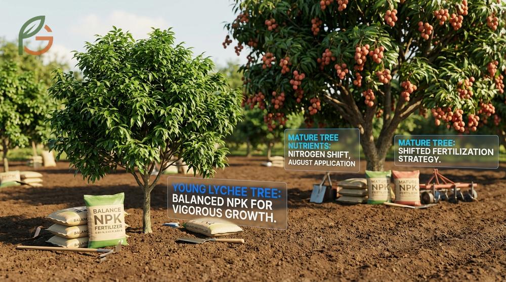 Fertilizer for lychee tree requires 6-8% nitrogen for young trees and specific nutrient ratios to support vigorous canopy development.