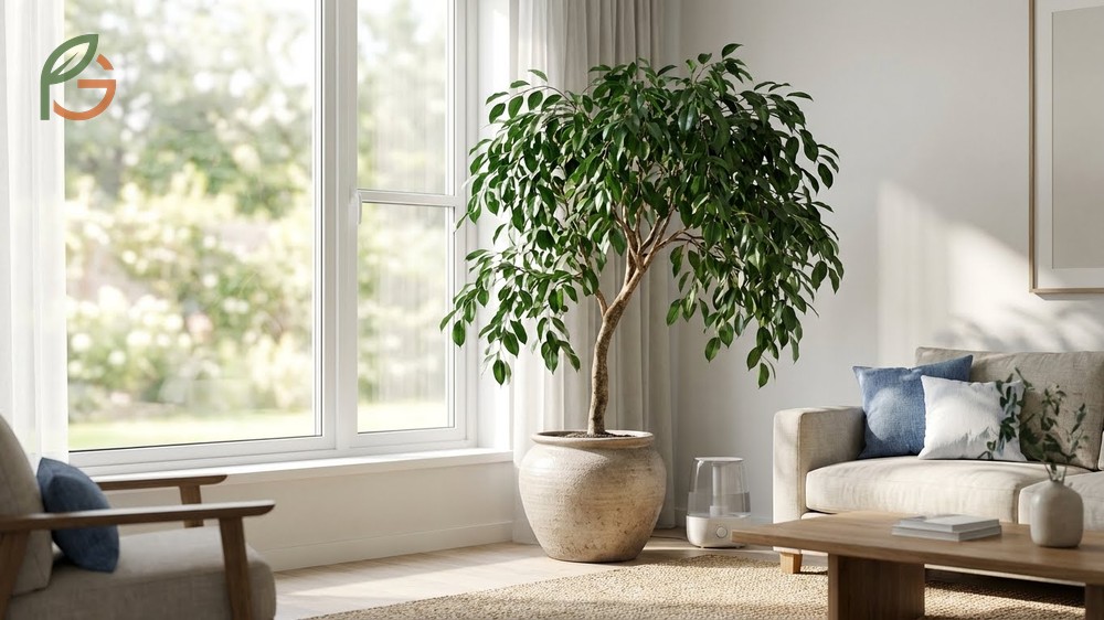 Ficus weeping fig tree indoor placement near east or west facing windows for 6 hours of light.