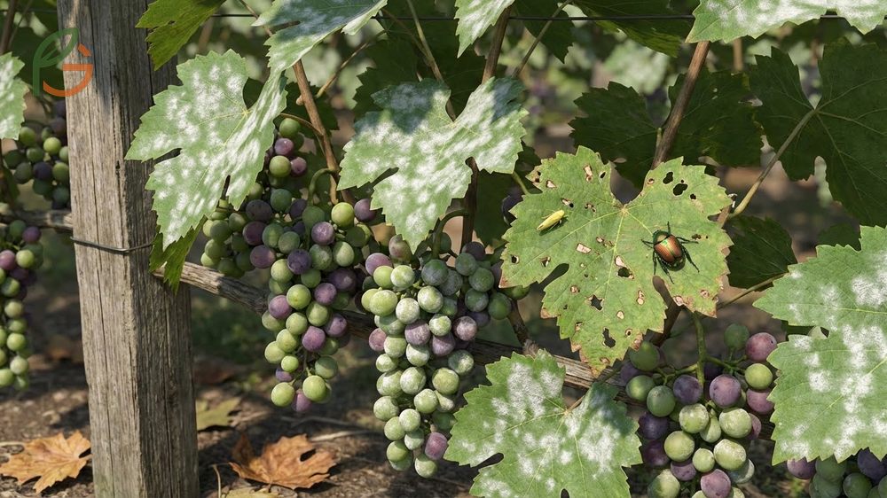 Grape pests and diseases management focusing on preventing powdery mildew through proper pruning and air circulation.