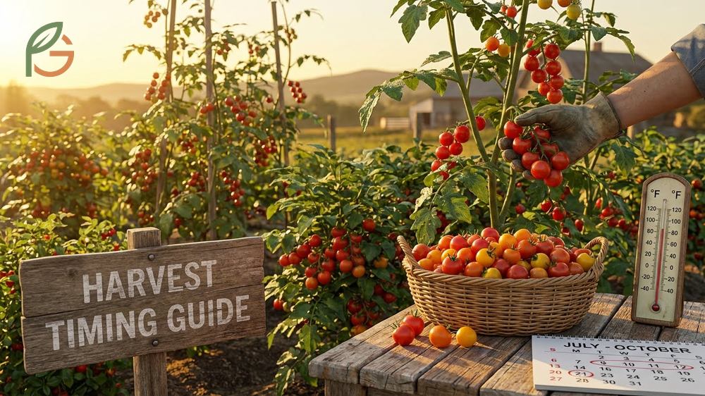 Harvest timing guide for cherry tomatoes suggesting picking late July through early October with 30 to 40% faster ripening in heat.