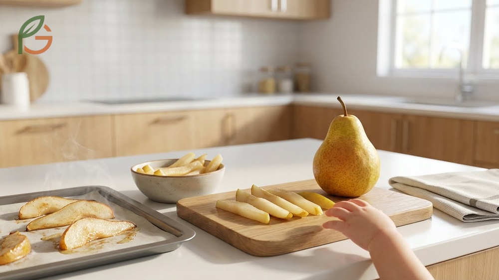 How to cut a pear for toddler safety using soft strips and small cubes to prevent choking.