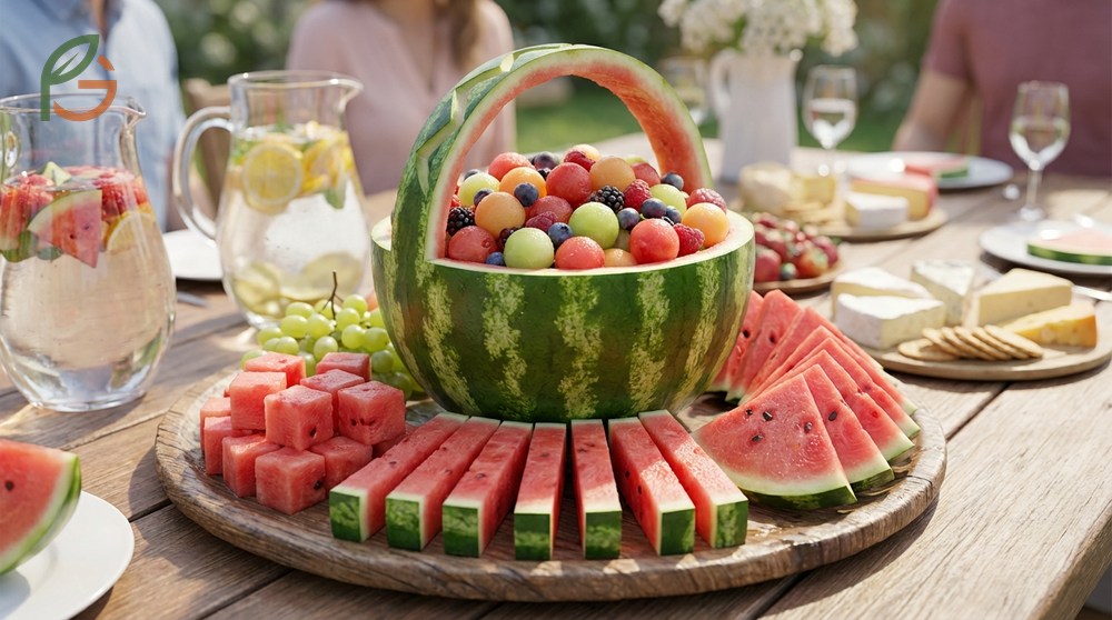 How to cut watermelon for party displays includes using baskets and mixed shapes for an impressive presentation.