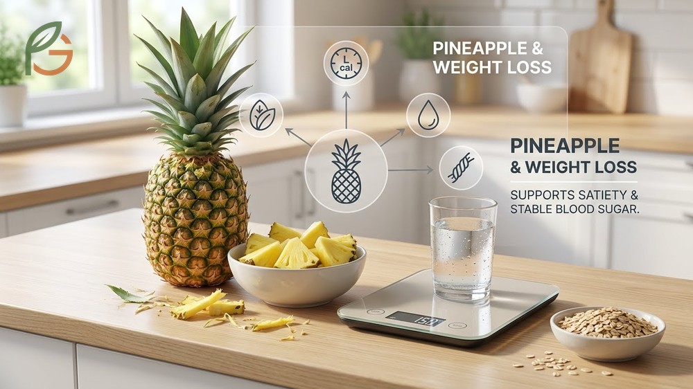 A scale showing 100g of pineapple contains only 50 calories making it an ideal snack for calorie deficits.