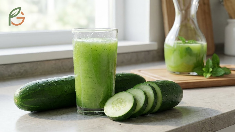 Nutritional benefits of cucumber juice showing low calorie counts and essential minerals like magnesium.