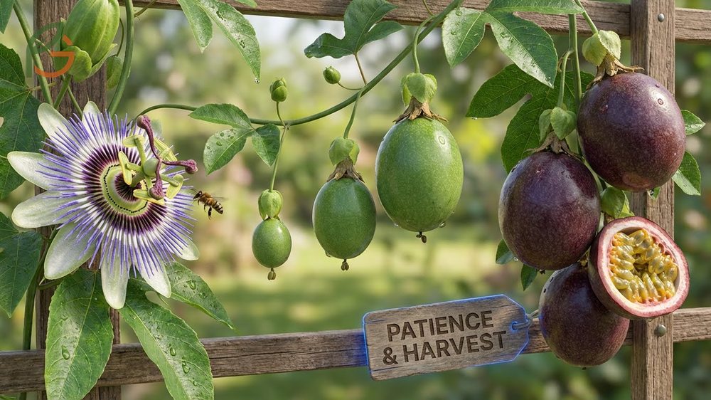 Passion fruit flower to fruit development taking 70-80 days after pollination with details on flowering stages.