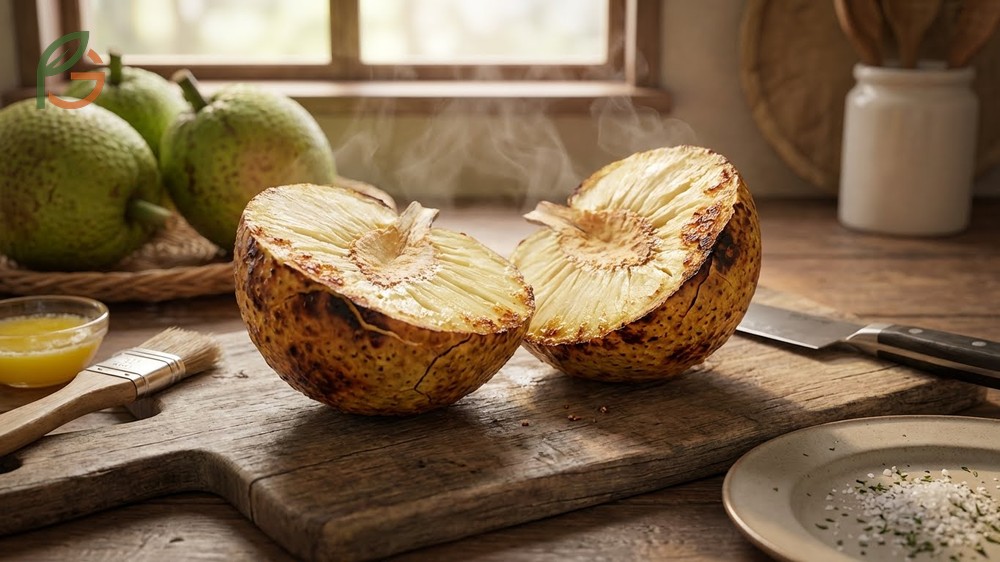 Roasting breadfruit recipe instructions for achieving a nutty flavor in the oven.